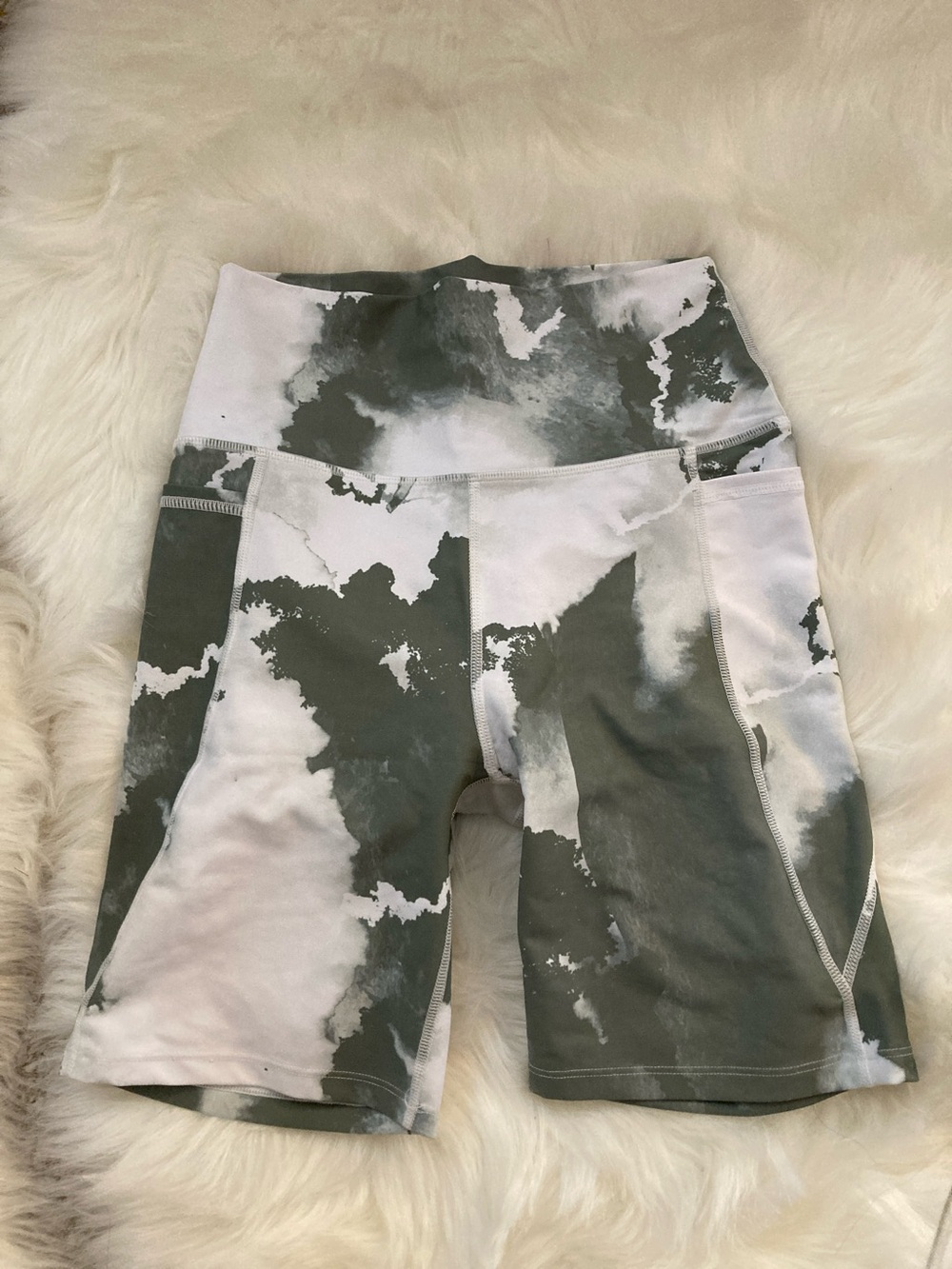 Sage Olive & White Tie-Dye High-Waist Bike Shorts